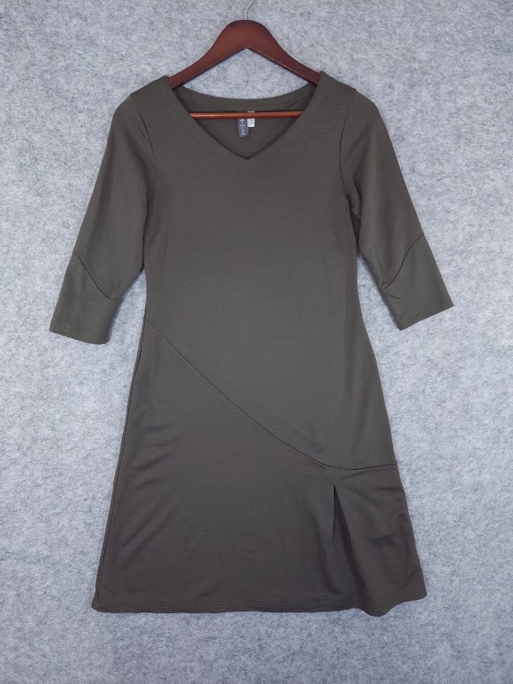 Ibex Teresa Dress Small Olive Merino Wool A-Line V-Neck 3/4 Sleeve Pleated Hem